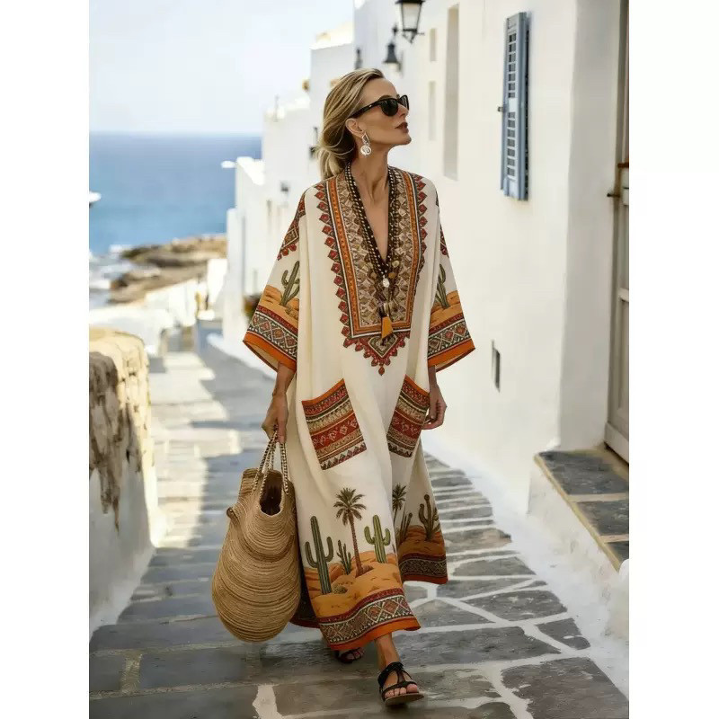 Women's Animal Print A-Line Midi Dress Long Sleeve Crew Neck Casual