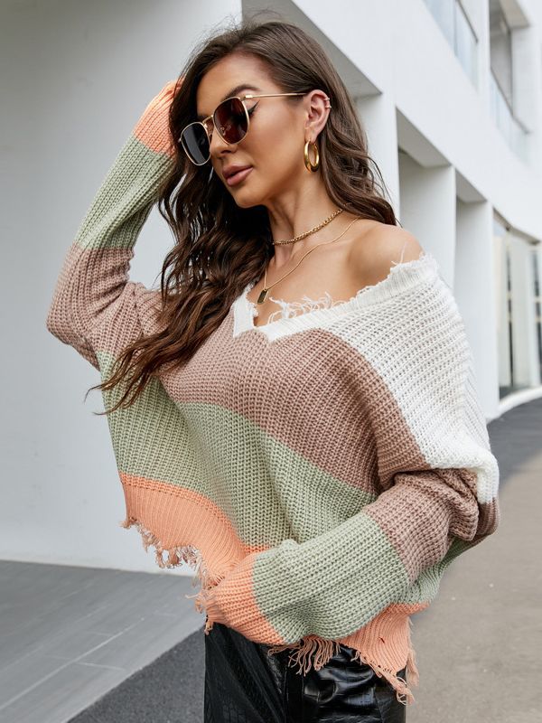 Women's Loose Cropped V-Neck Fringe Knit Sweater