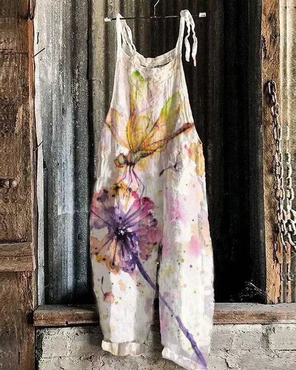 Women's Printed Cotton-Linen Cami Jumpsuit Sleeveless Wide-Leg Beach Romper