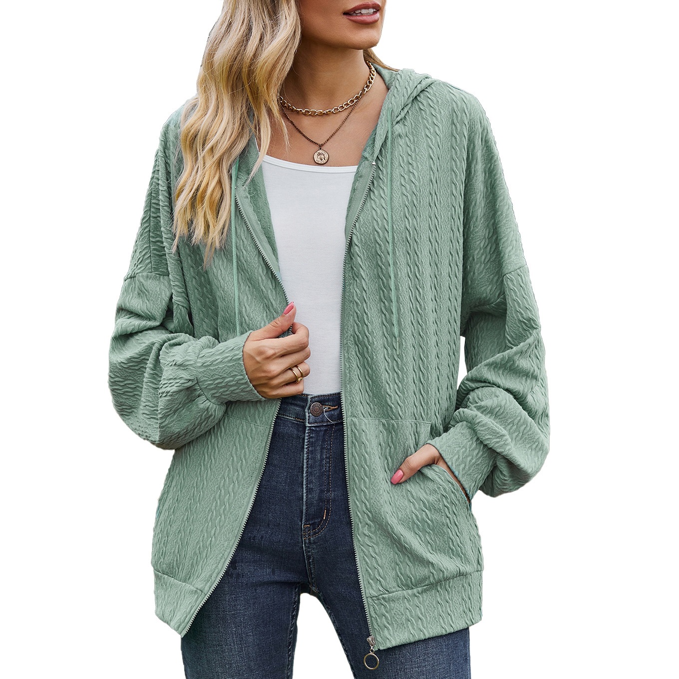 Women's Crinkled Textured Hooded Zip-Up Loose Fit Long Sleeve Cardigan Sweatshirt