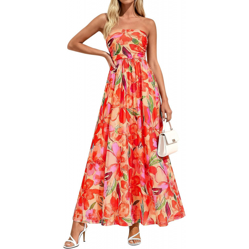 Boho Floral Strapless A-Line Maxi Dress