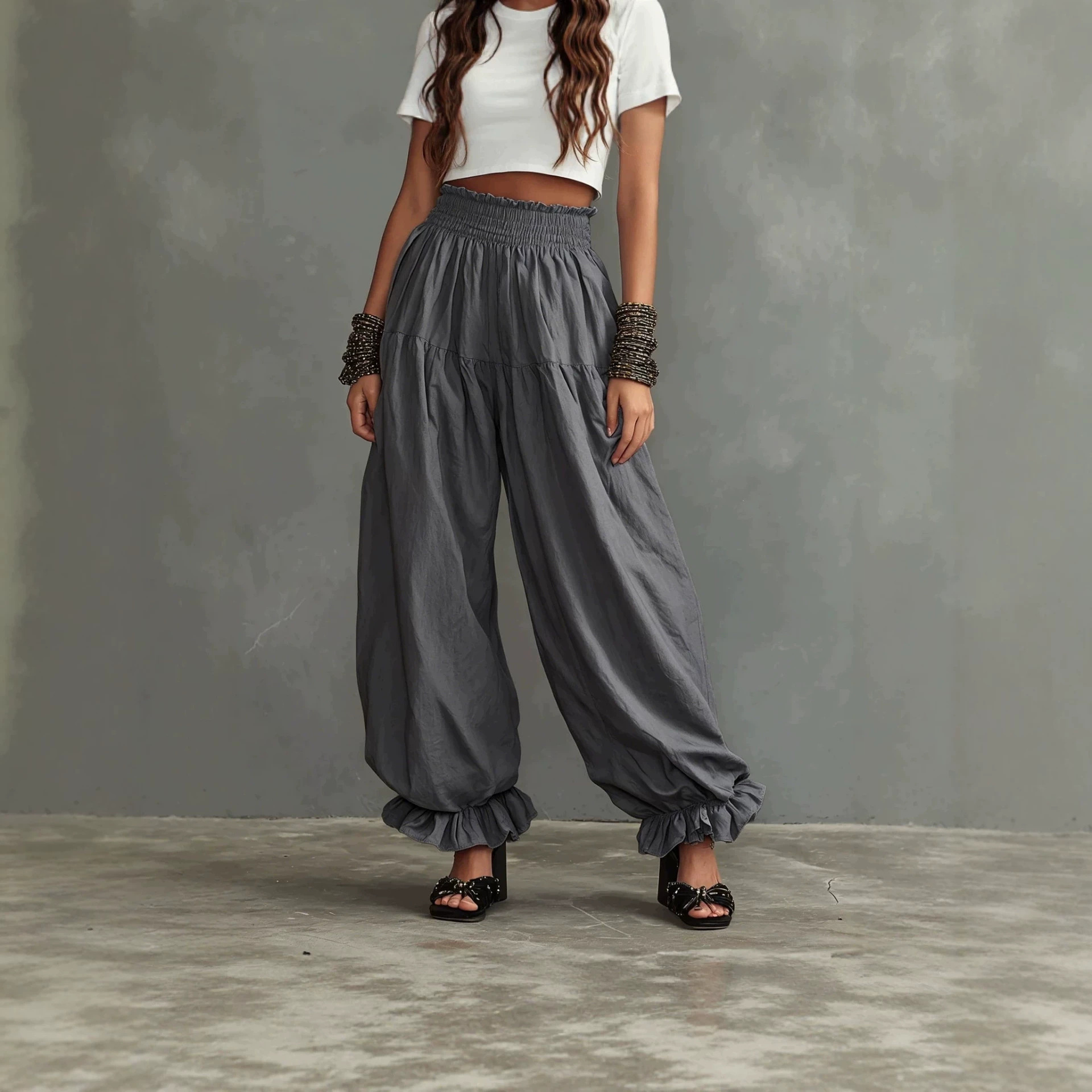 Women's Loose Lantern Pants with Ruffle Hem Casual