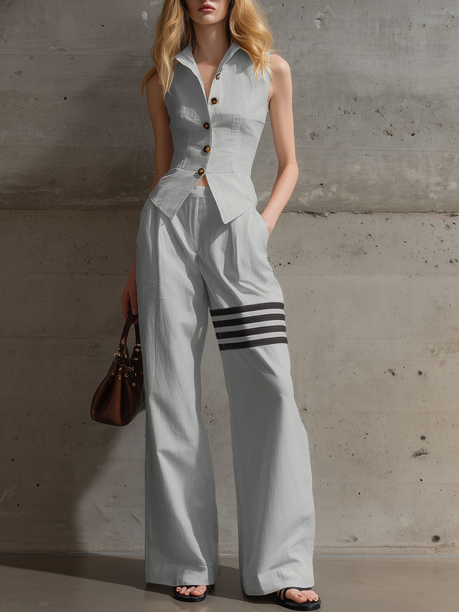 Sleeveless Button-Front Cinched Shirt & Wide-Leg Pants Set