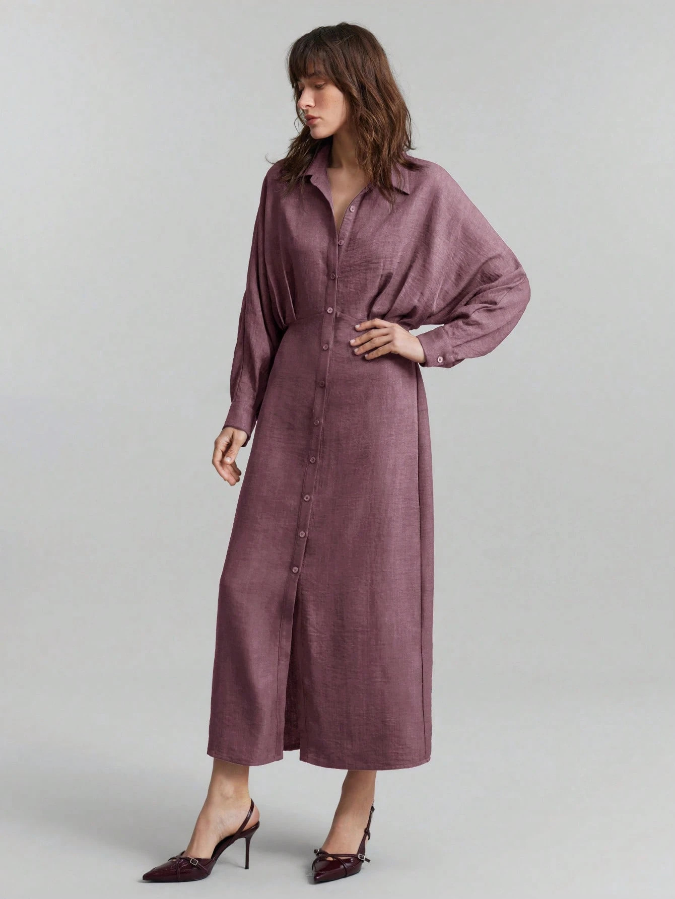 Women's Solid Ruched Waist Slimming Long Sleeve Dress