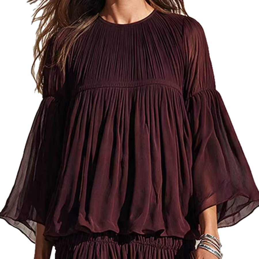 Women's Chiffon Pleated Bell Sleeve Maxi Dress Boho Vacation Long Dress
