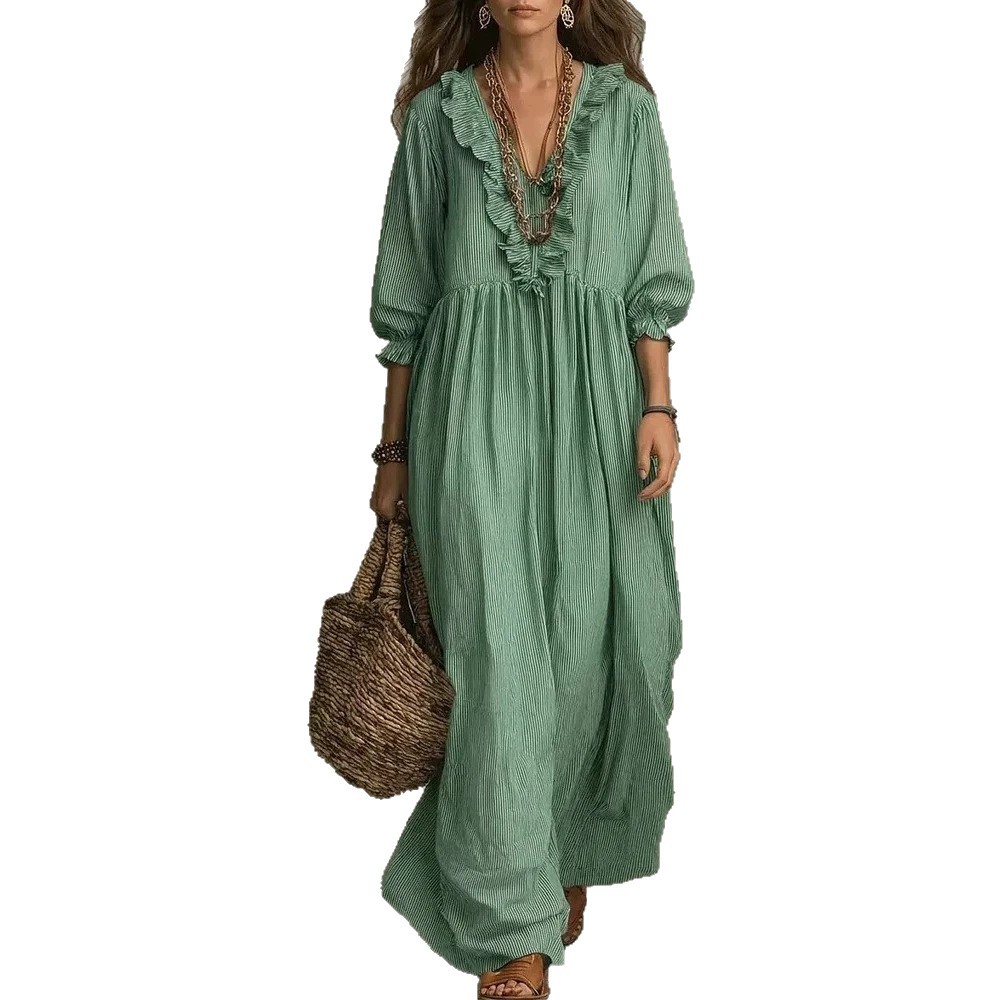 Striped Ruffle High-Waist V-Neck Loose Casual Dress