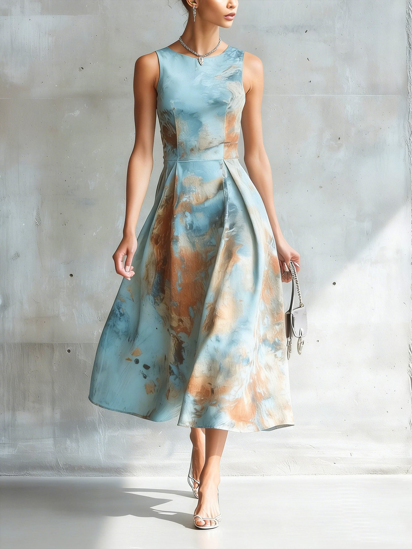 Floral Print Sleeveless Midi Dress Round Neck A-Line