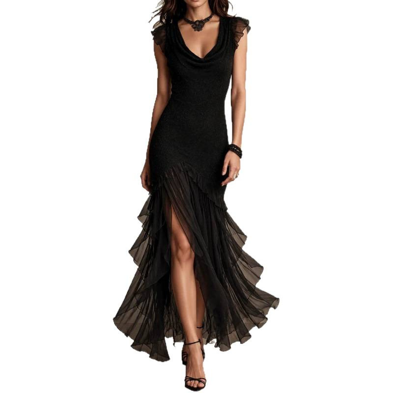Women's Vacation Mermaid Dress with Mesh Ruffle and Asymmetric Hem