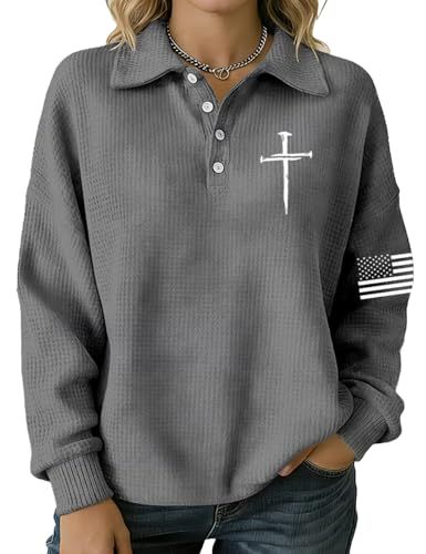 Women's Cross & American Flag Print Button Sweatshirt