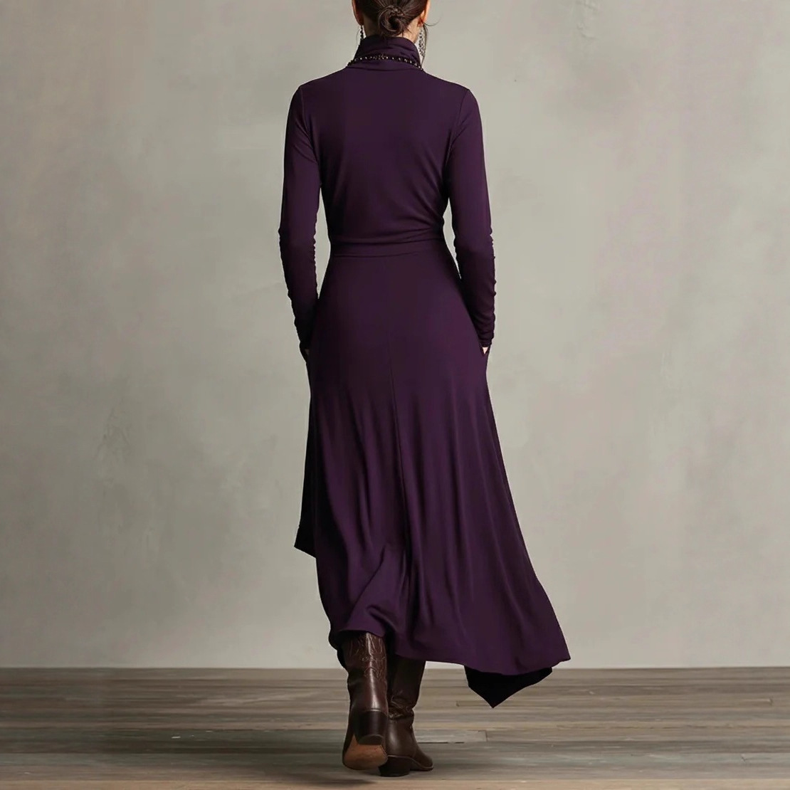 Women's Long Sleeve Cross Front High Neck A-Line Maxi Dress