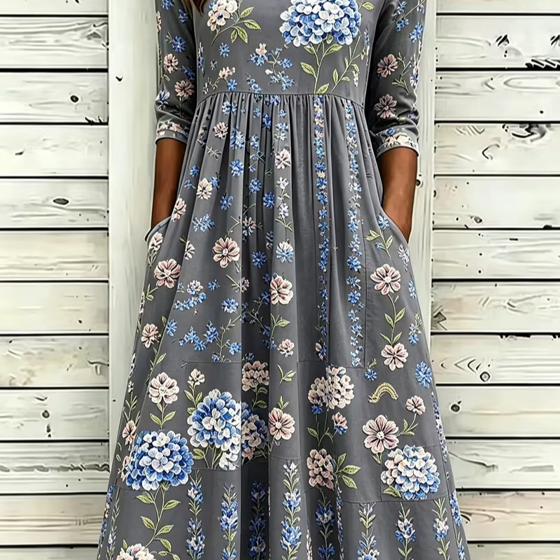 Women's Fresh Floral Print Ruched Midi Dress