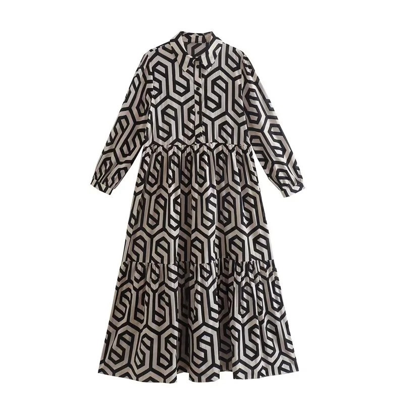 Women's Long Sleeve Collared Printed Shirt Dress