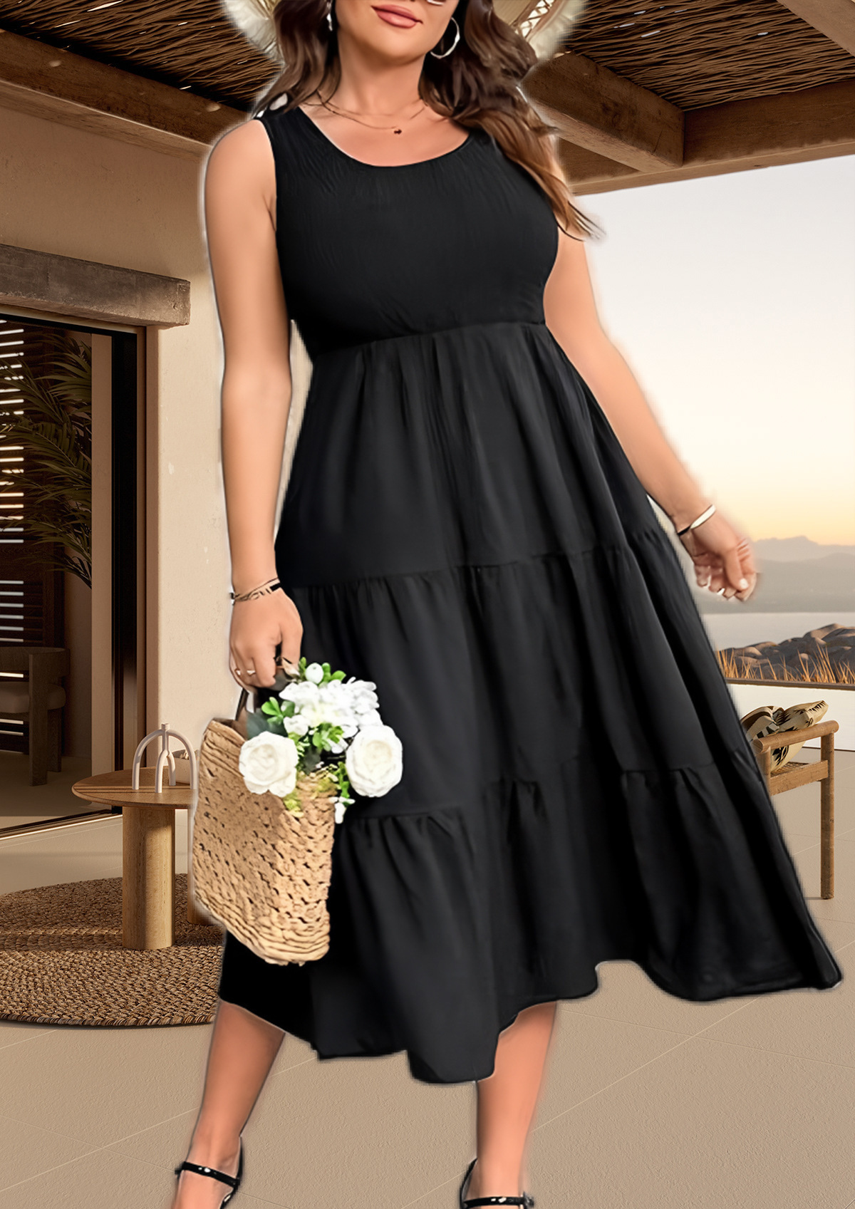 Women's Sleeveless U-Neck Ruched Hem Patchwork Midi Dress