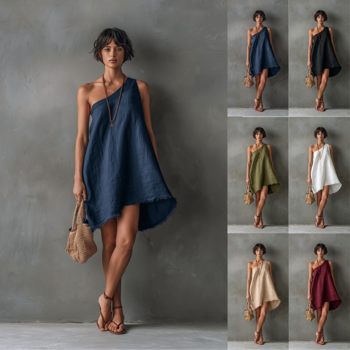 Minimalist Linen-Blend One-Shoulder Sleeveless Frayed Mini Dress