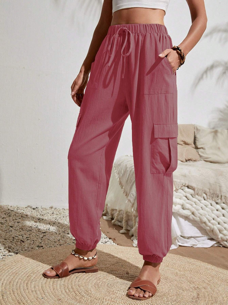 Women's Solid Color Cargo Pants with Pockets, Casual Slim Fit