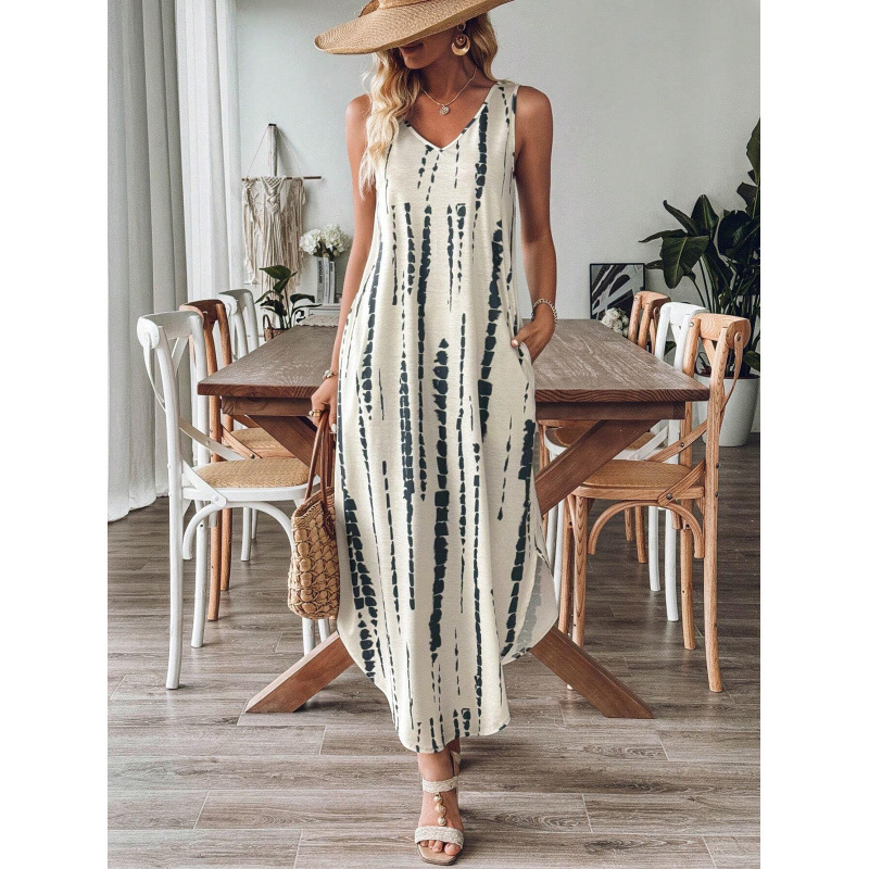 Allover Print Sleeveless V-Neck Slit Dress