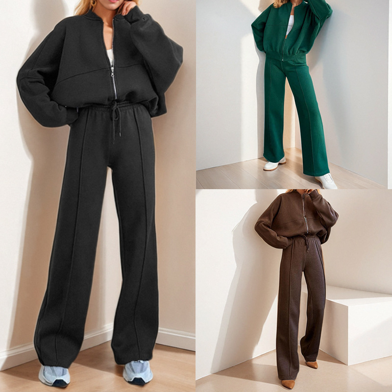 Women's Casual Solid Zip-Up Hoodie and Pants Set
