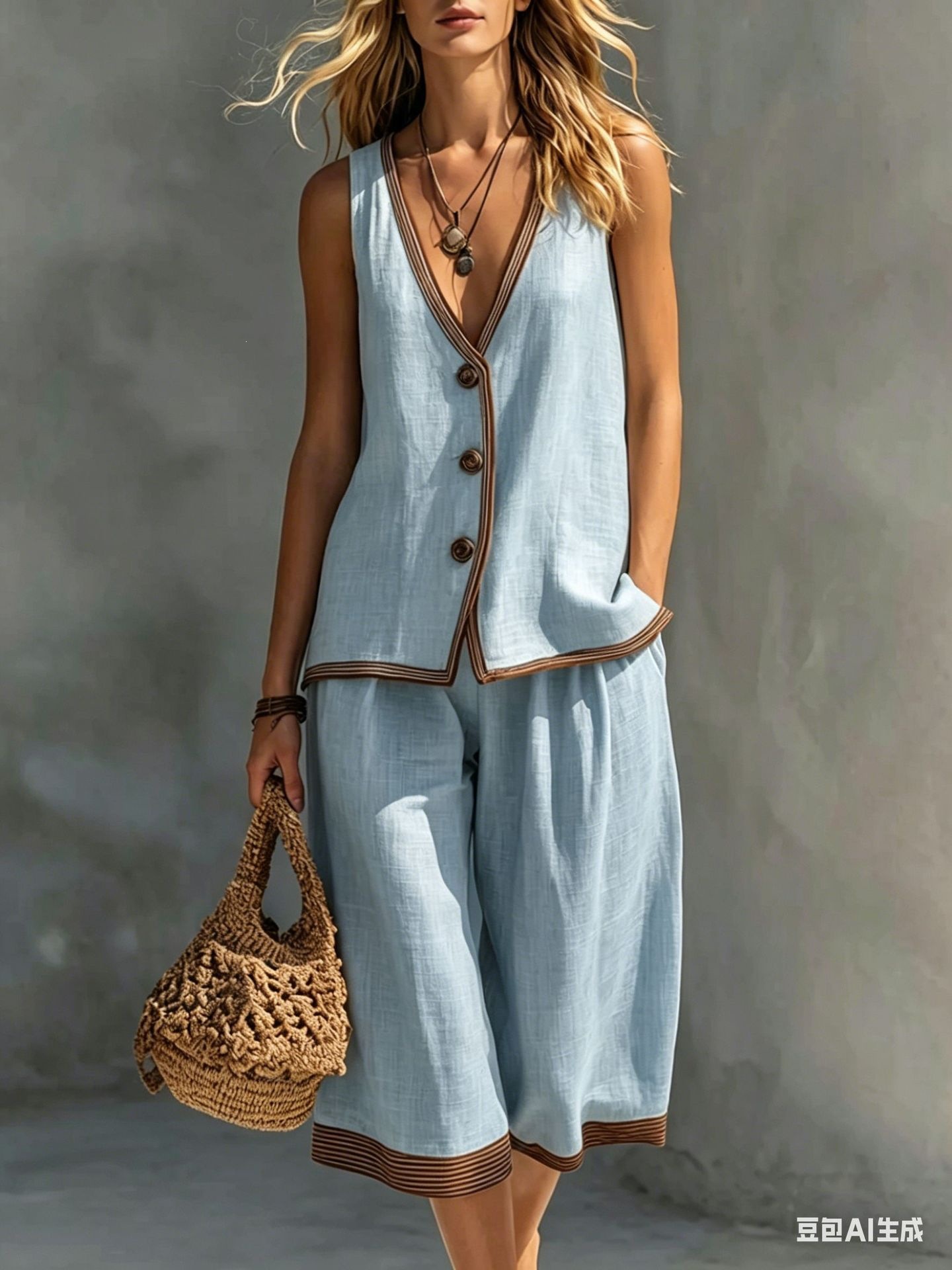 Women's Summer Casual Solid Button Vest Cardigan & Shorts Set