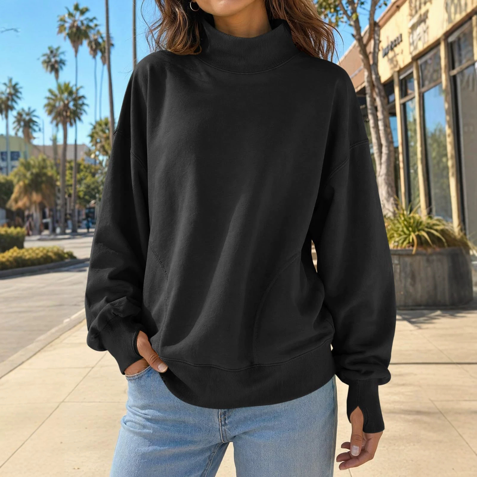 Women's Y2K Solid Half-Turtleneck Loose Pullover Sweatshirt