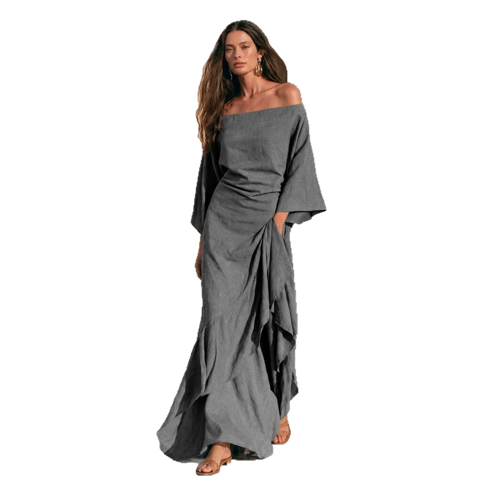 Off-Shoulder Batwing Sleeve Asymmetrical High-Waist Maxi Dress