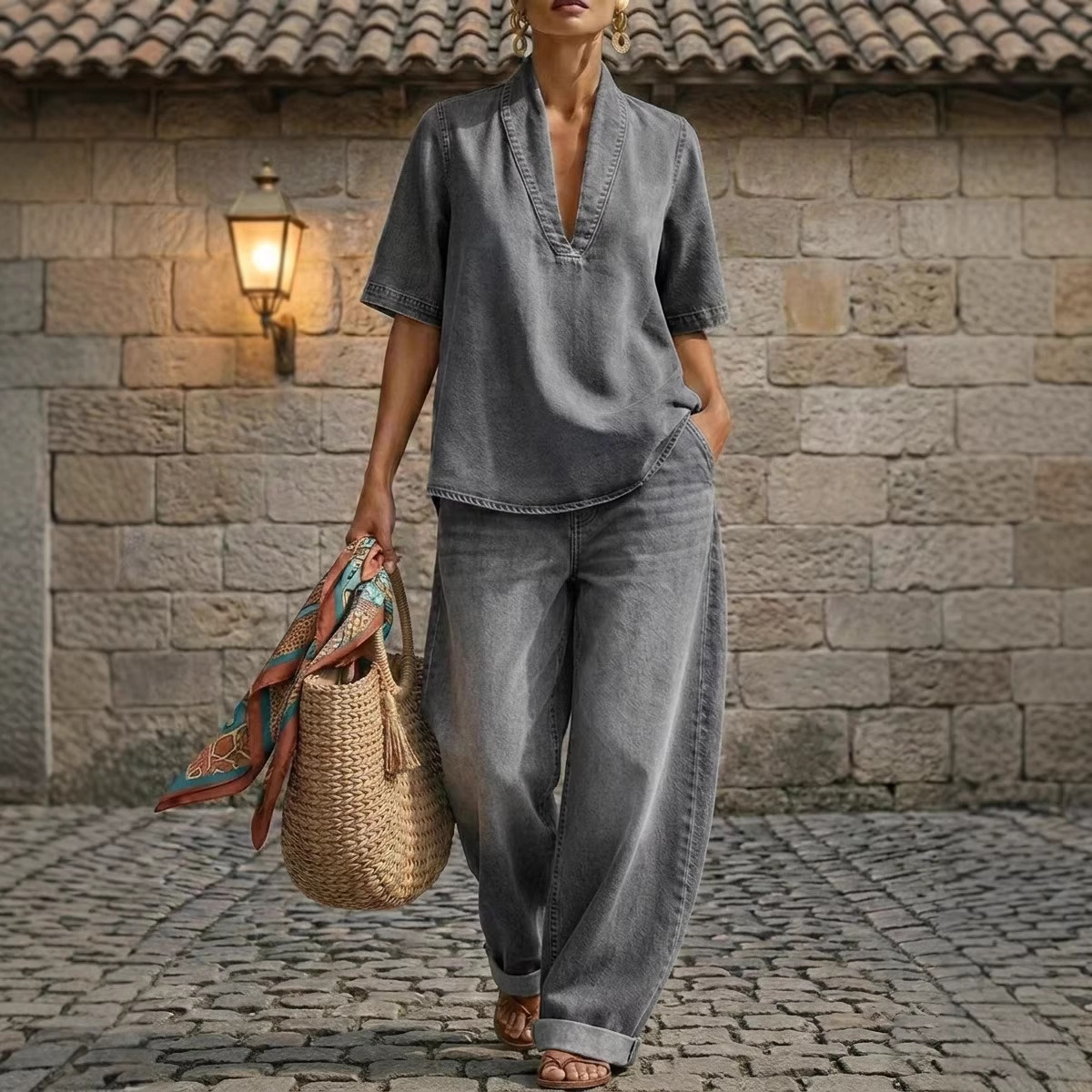 Women's Loose Casual Solid Color Minimalist Denim Two-Piece Set