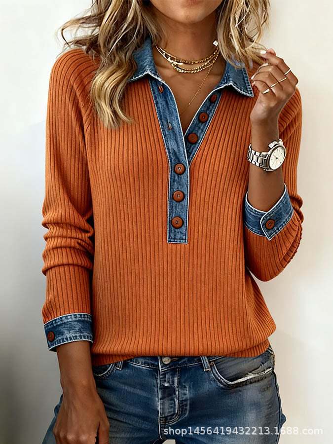 Denim Collar Long Sleeve Patchwork Knit Top
