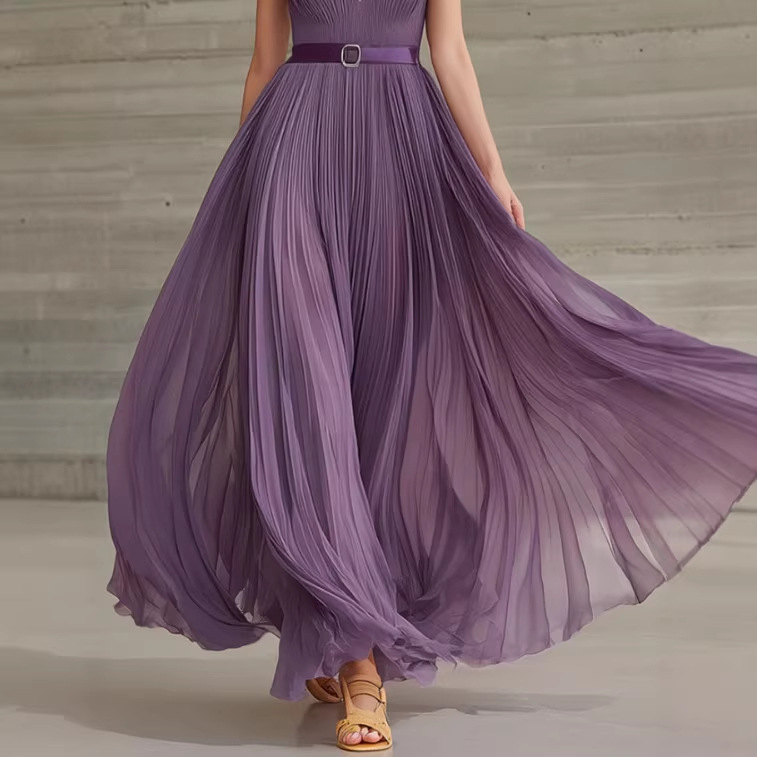 Purple Chiffon Pleated V-Neck Long Dress with Belt