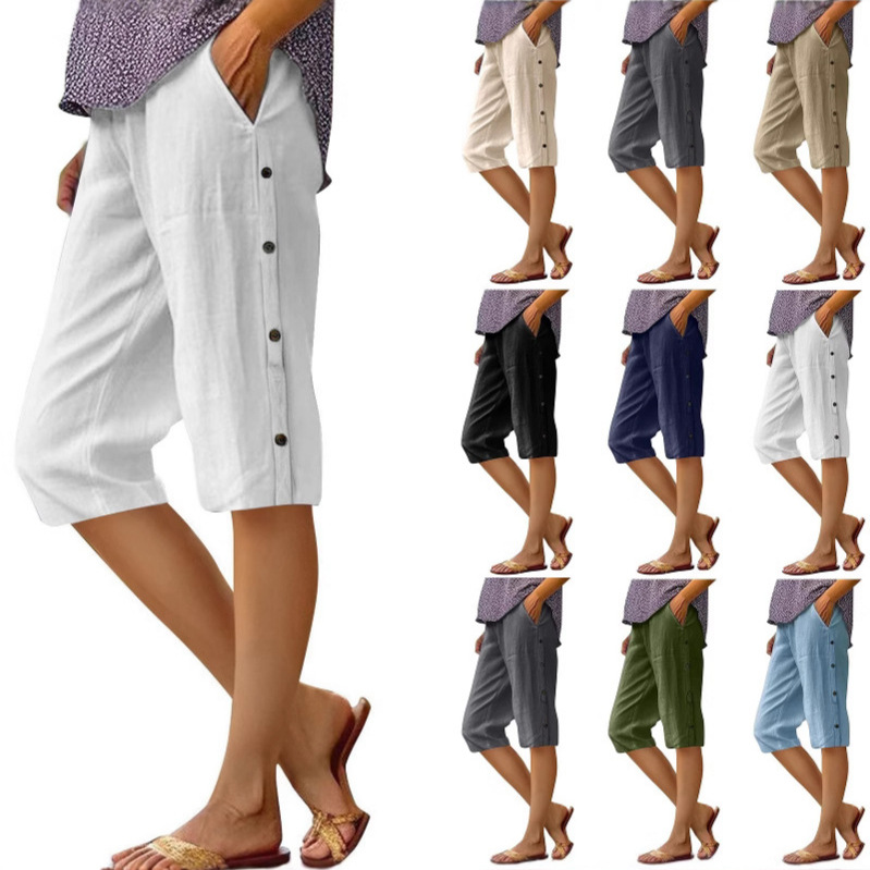 Cotton-Linen Cropped Pants with Side Button Detail and Pockets