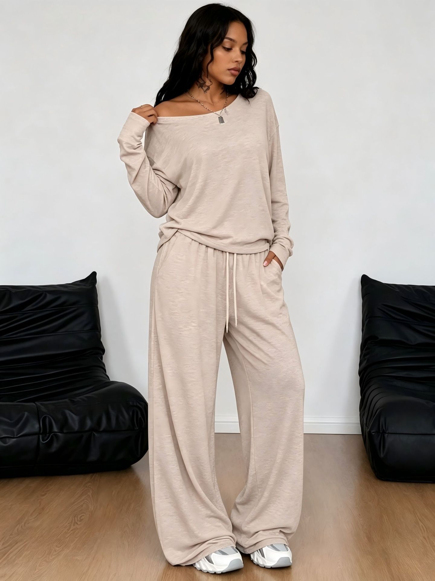 Women's Asymmetric Neck Wide-Leg Pants Set Solid Color Casual Two-Piece