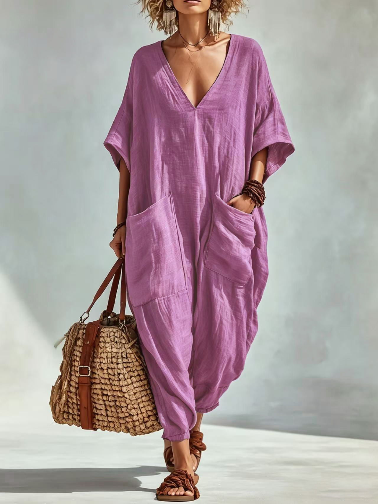 Women's Loose V-Neck Linen-Blend Jumpsuit with Pockets, Lantern Pants, Beach Vacation