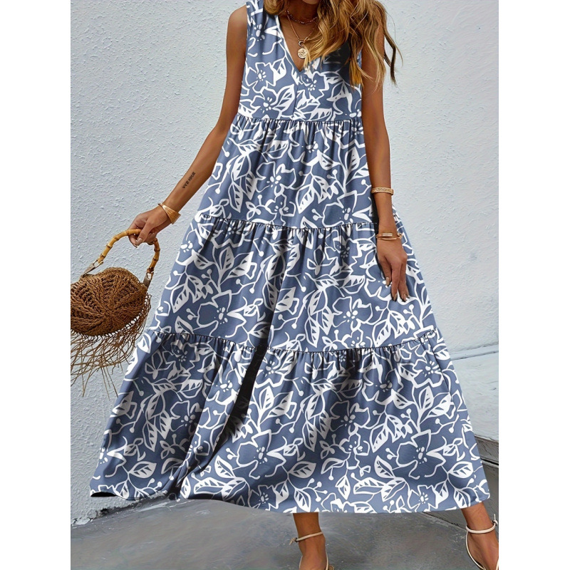 Floral Print Sleeveless High Neck High Waist Maxi Dress