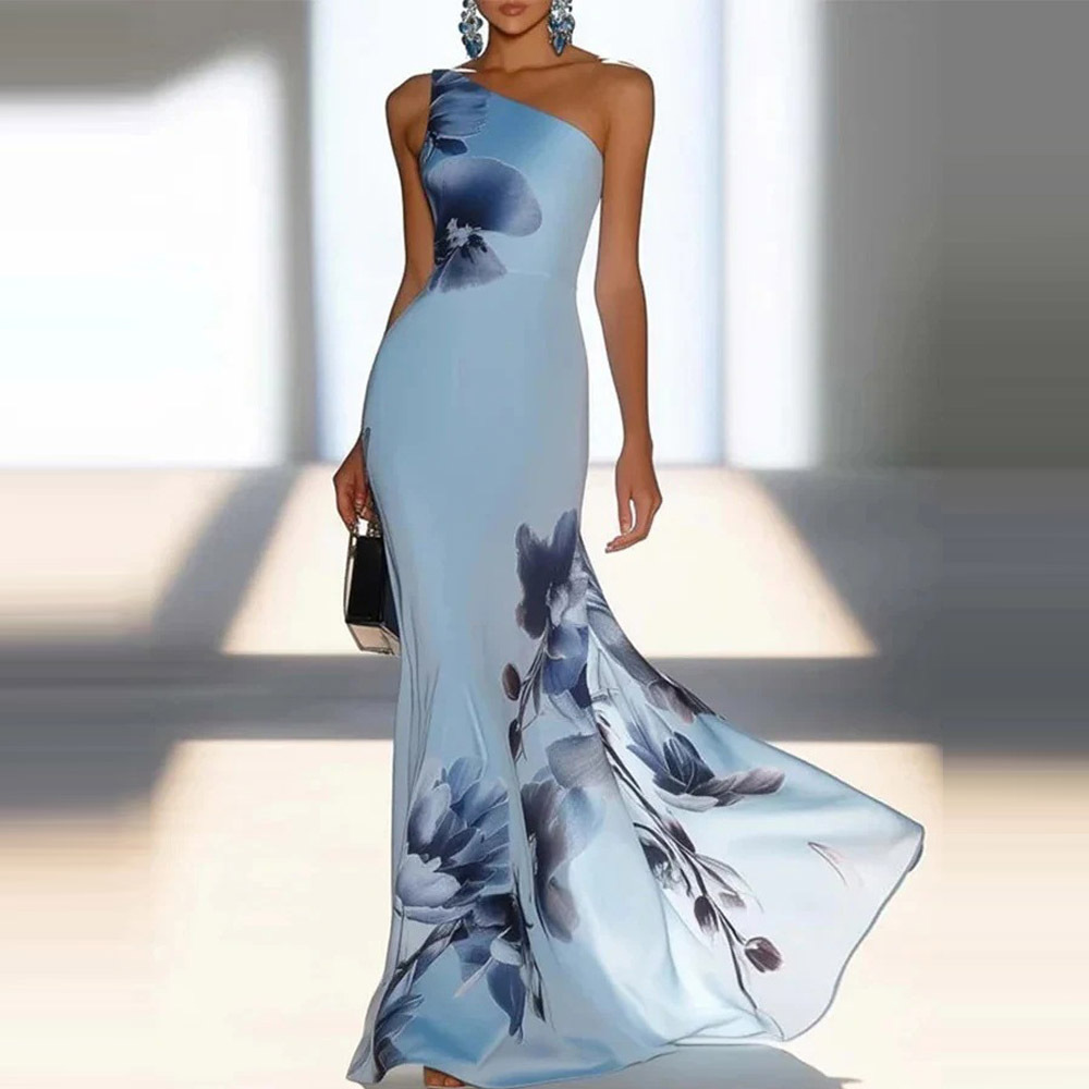 Blue Floral One-Shoulder Long Dress Elegant Evening Gown