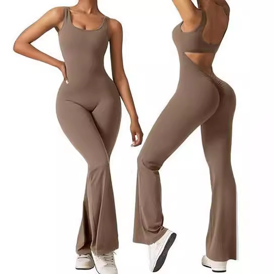 Women's Sleeveless Flared Jumpsuit with Open Back and High Waist