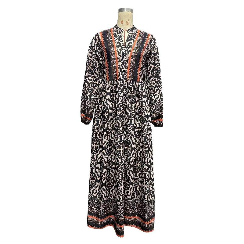 Plus Size V-Neck Floral Print Long Sleeve A-Line Midi Dress