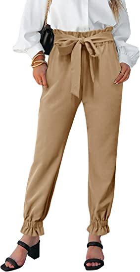 High-Waist Tie Belt Slim Fit Solid Color Pants for Women