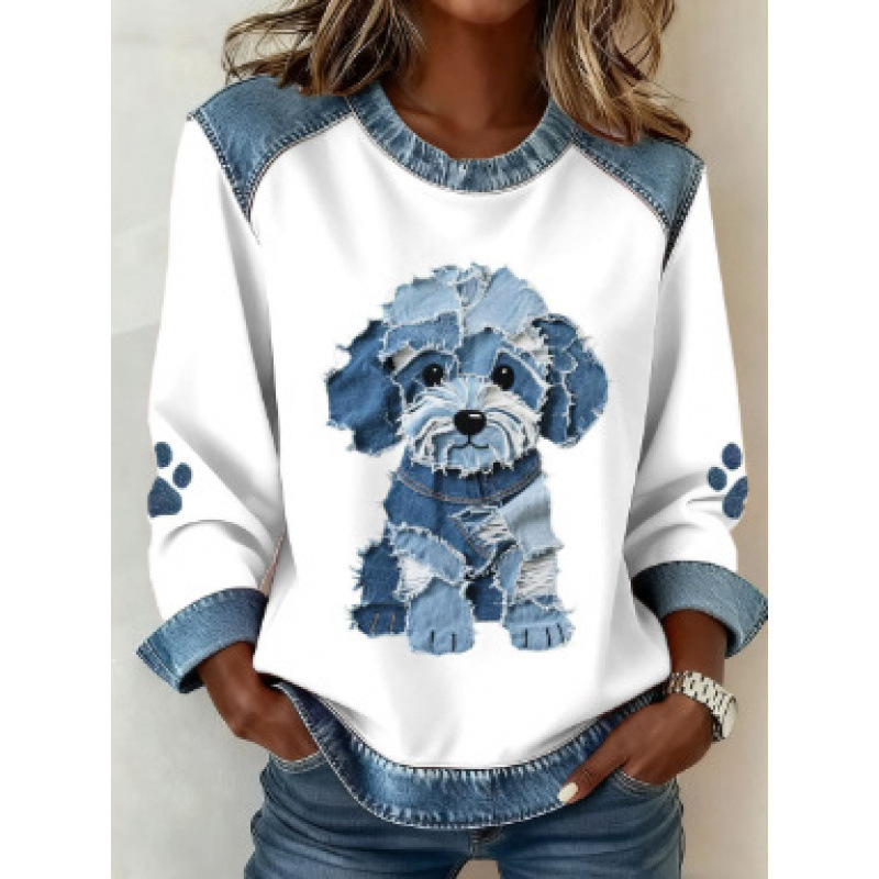 3D Print Colorblock Denim Collar Pullover Sweatshirt Women's Long Sleeve Loose Fit