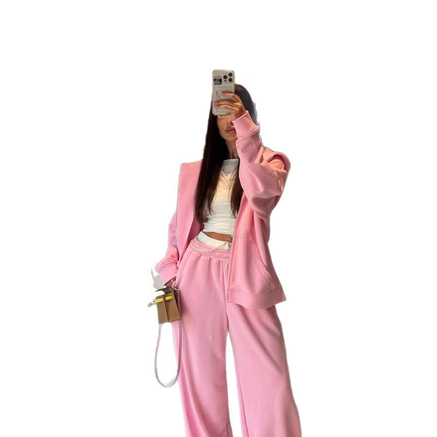 Women's Zip-Up Hooded Sweatshirt and Drawstring Pants Two-Piece Set