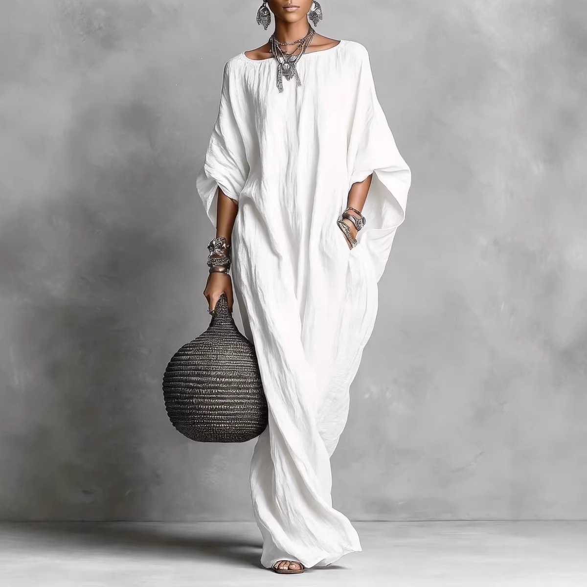 Women's Off-Shoulder Long Sleeve Solid Color Long Casual Dress