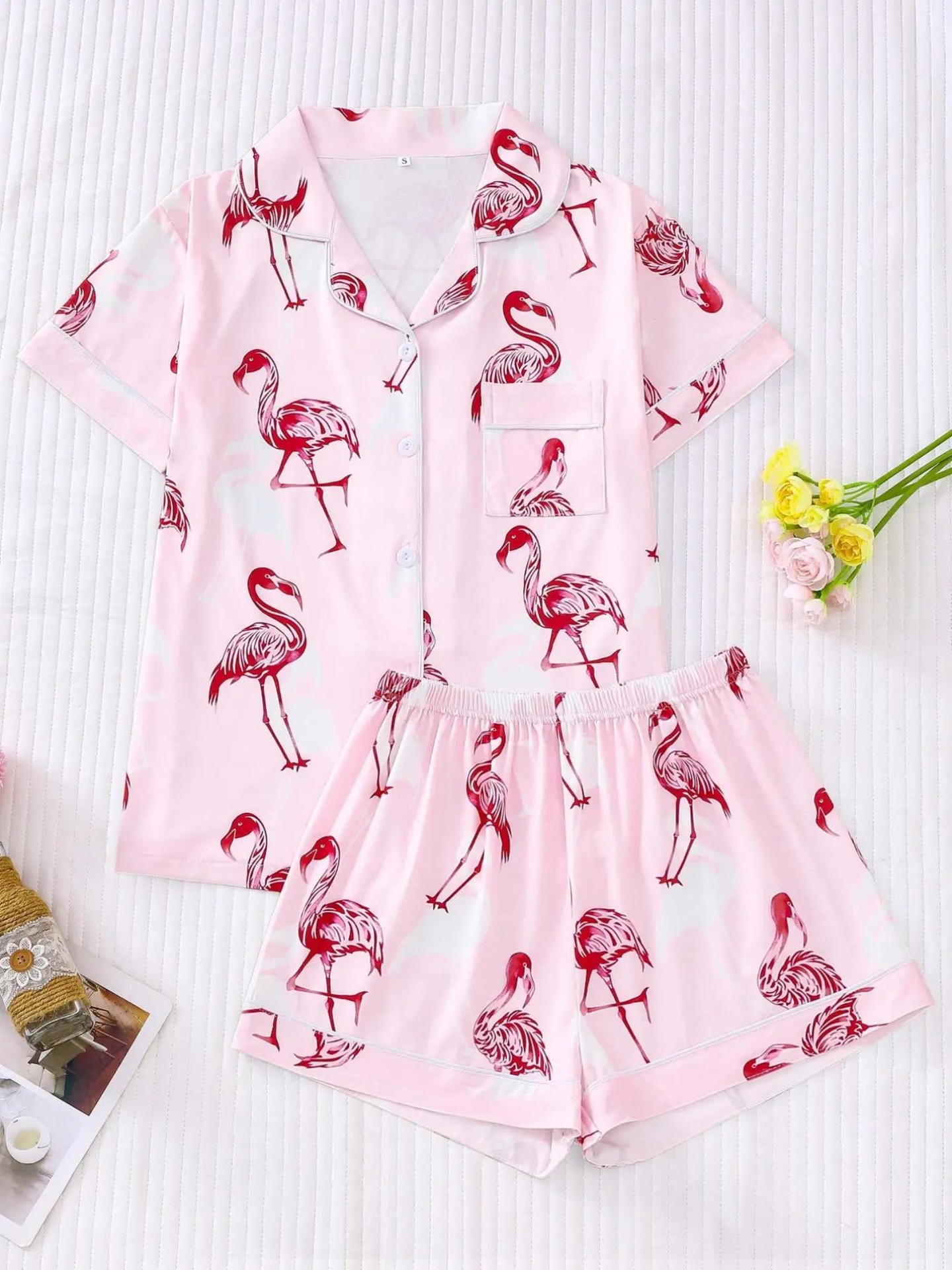 Women's Flamingo Print Collared Shirt Set Casual Loungewear