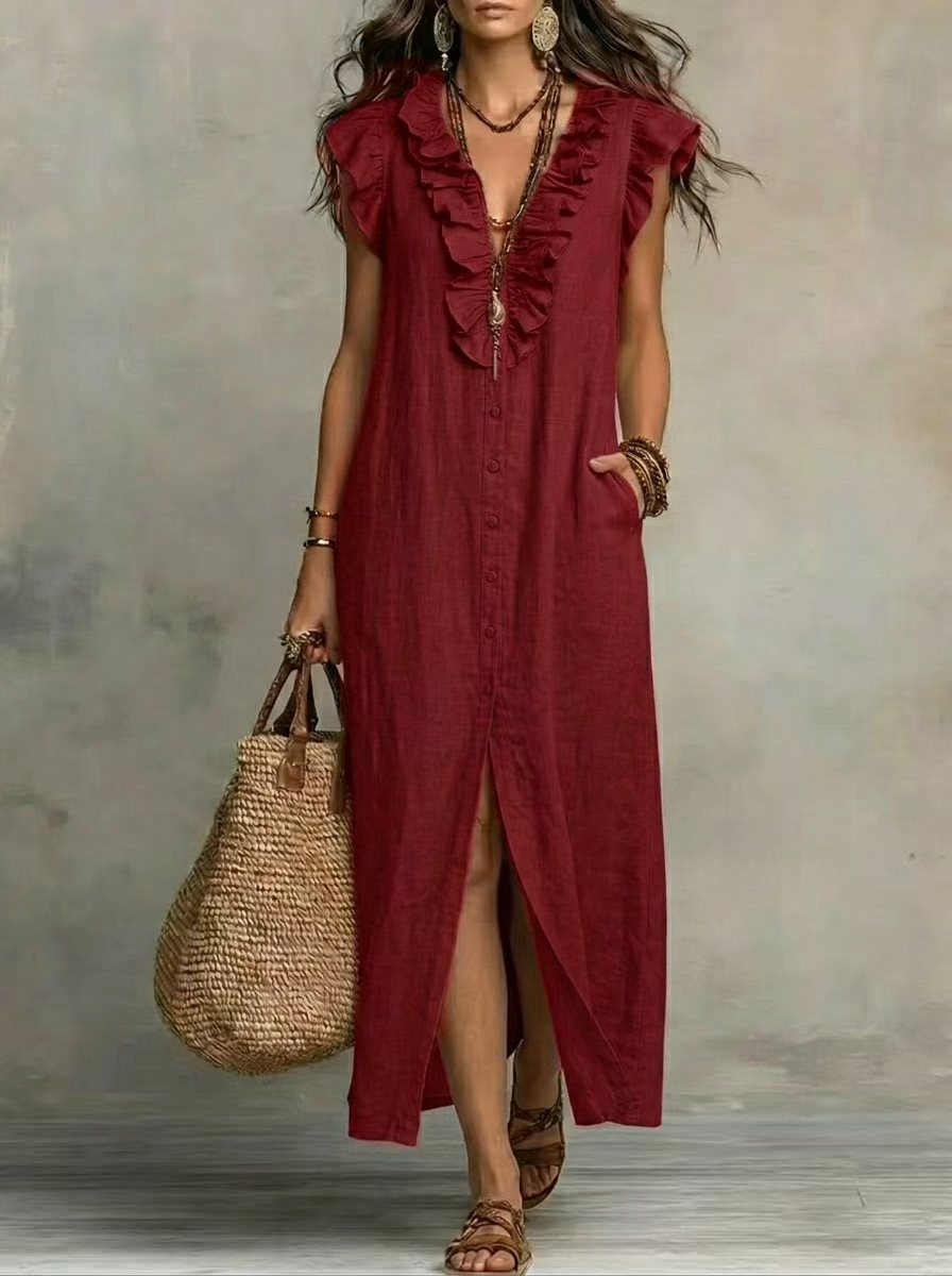 Boho Ruffle V-Neck Button-Front Maxi Dress with Pockets