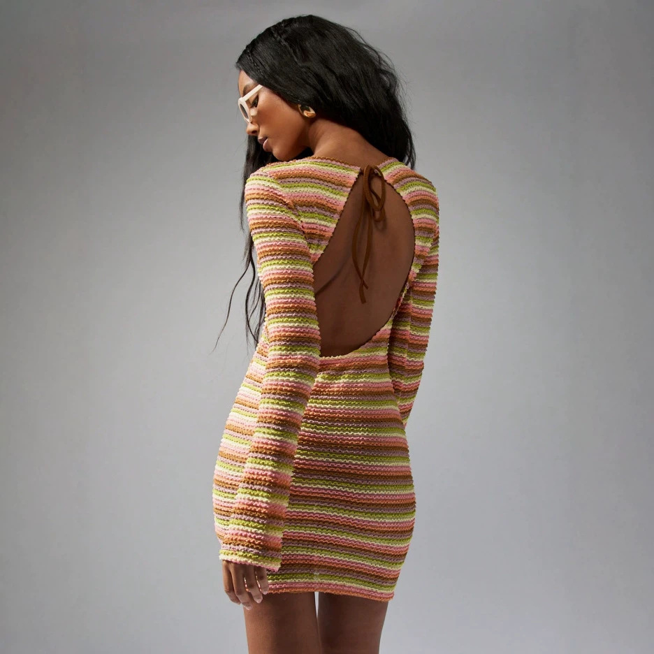 Striped Crochet Long Sleeve Backless Bodycon Dress