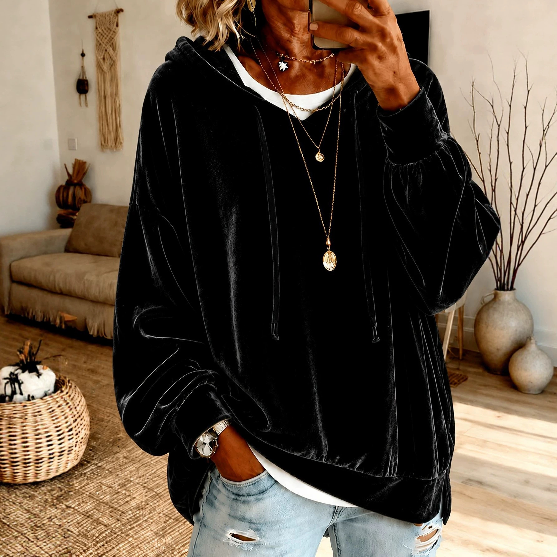 (Annuo Self-Developed) 2026 Women's Velvet Hooded Sweatshirt Loose Long-Sleeve Top for Amazon and Independent Sites