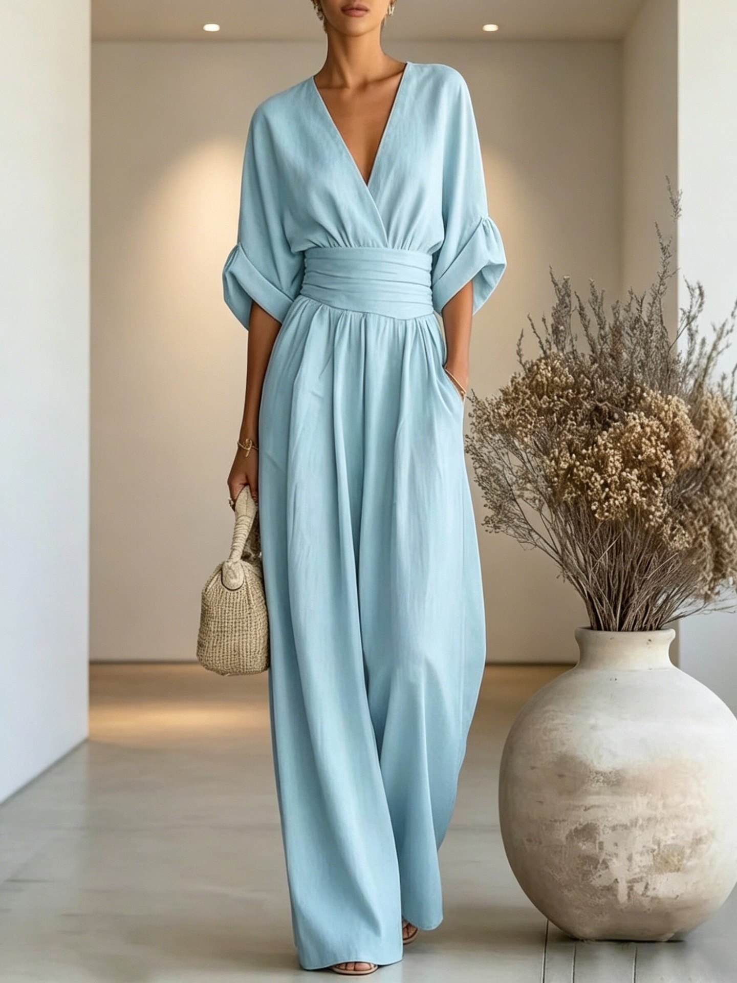 V-Neck Cinched Waist Rolled Sleeve Wide-Leg Jumpsuit