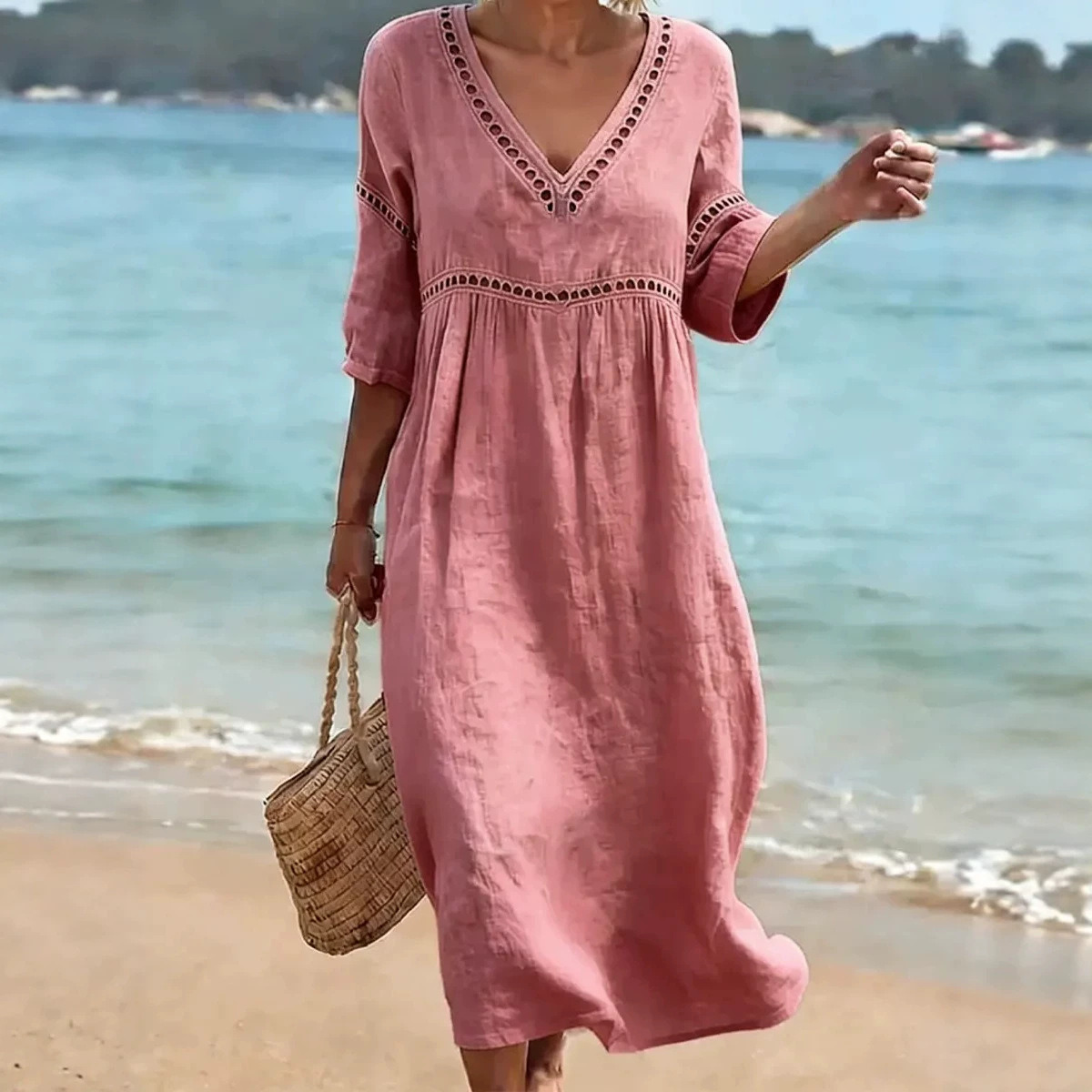 Women's Summer Bohemian Lantern Sleeve Long Dress V-Neck A-Line