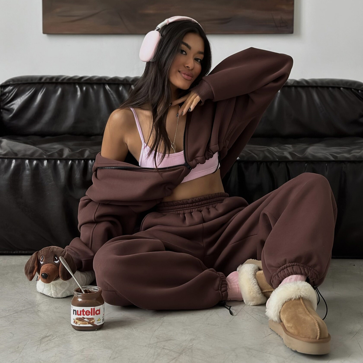 Women's Solid Color Zip-Up Hoodie and Wide-Leg Pants Two-Piece Set