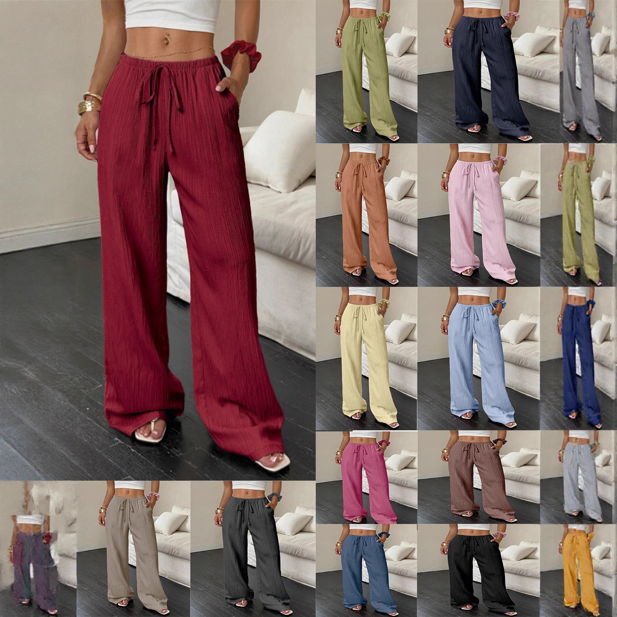 Women's Solid Straight-Leg Mid-Rise Pants with Pockets