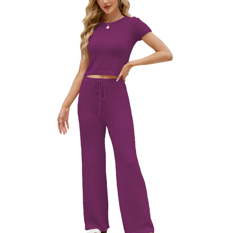 Women's Solid Knit Short Sleeve Top and Pants Set