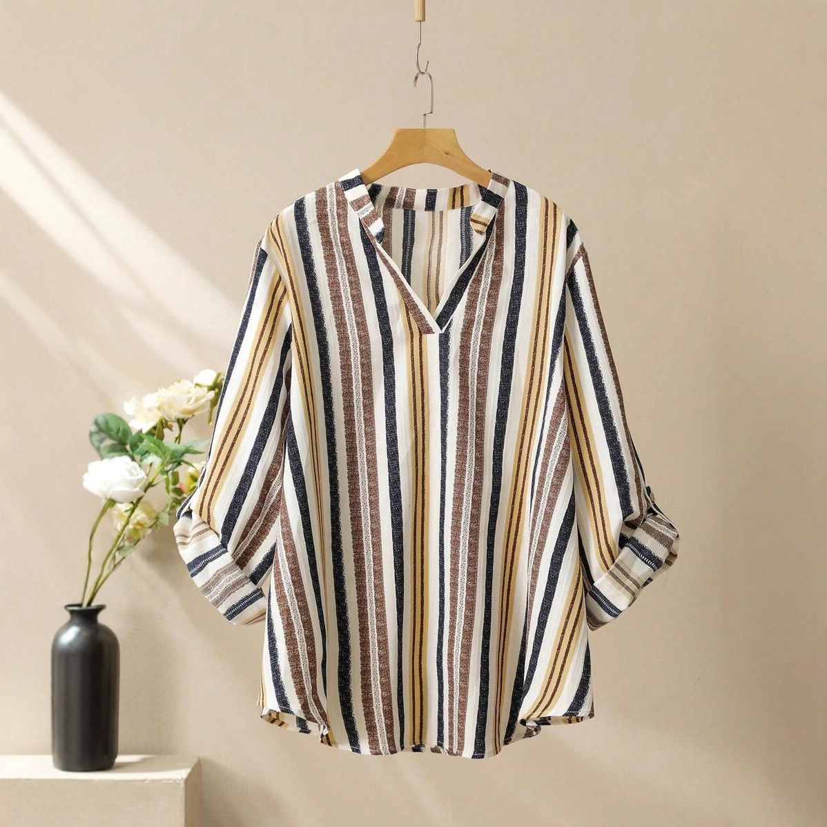 Striped Print V-Neck Long Sleeve Top and Pants Set