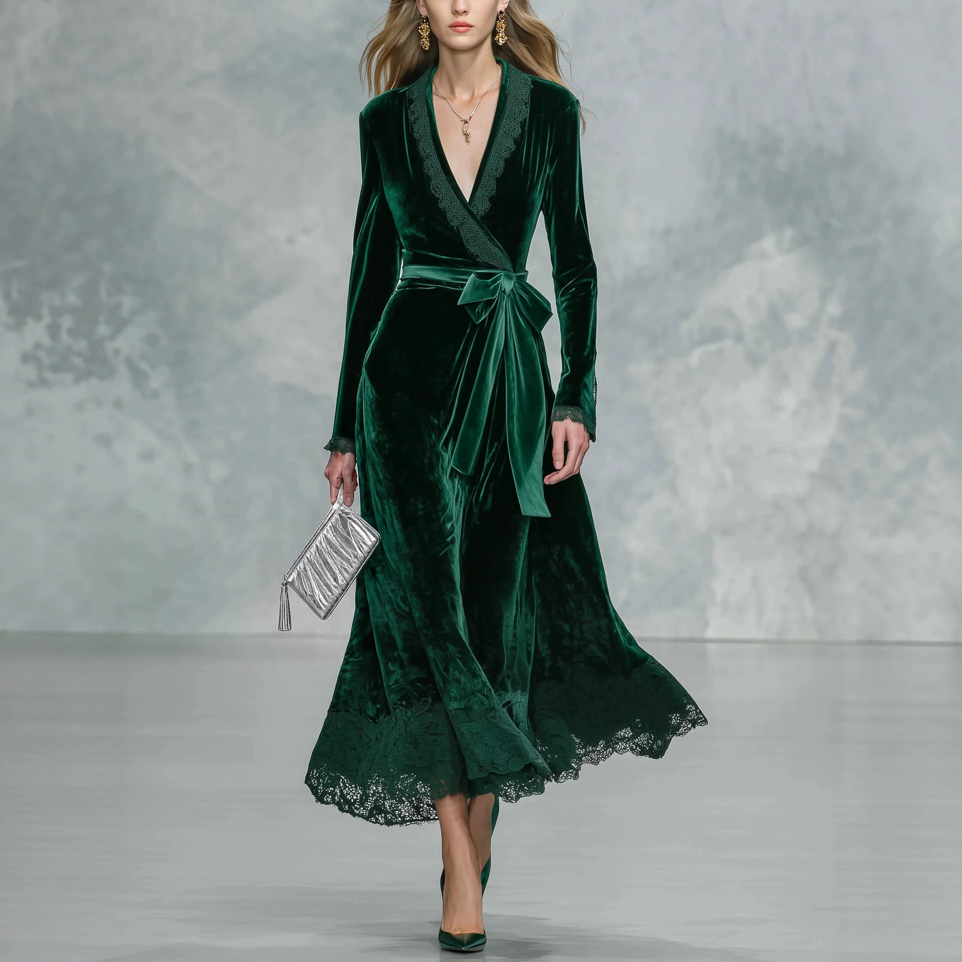 Retro Lace Spliced Lace-Up Waist-Slimming Long Dress