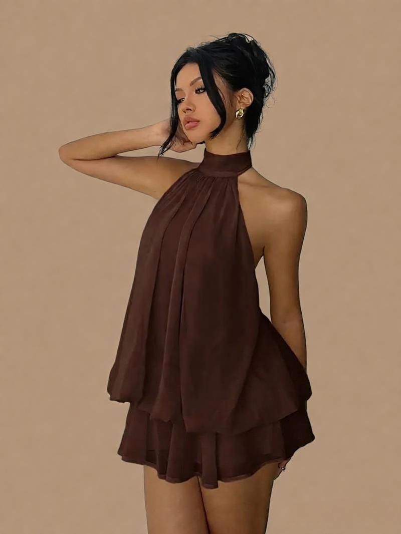 Women's Halter Neck Chiffon Dress High Waist A-Line Mini Vacation Dress